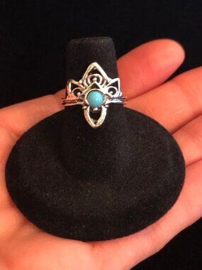 Silver Tone and Blue Stone Crown Ring
